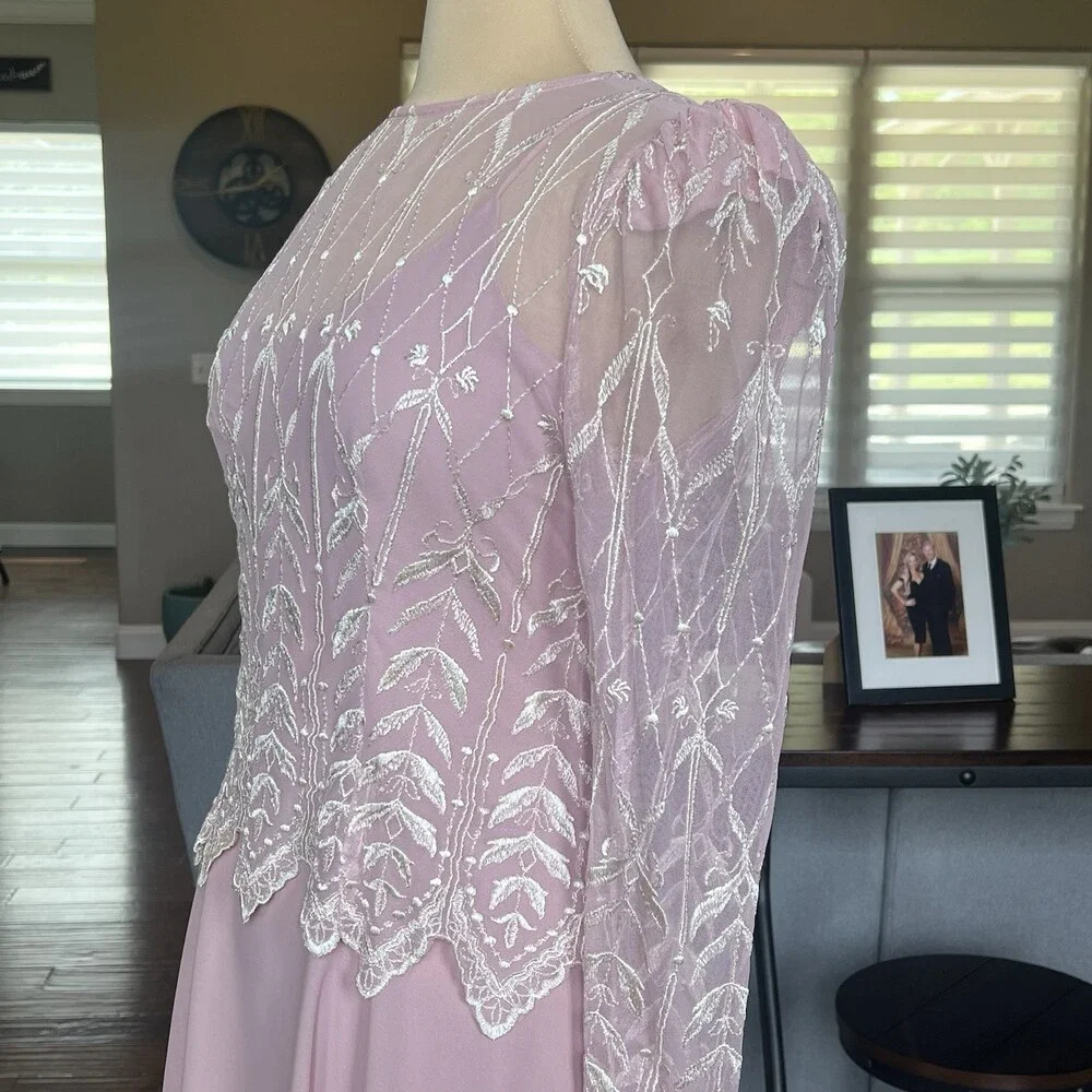 Vintage Cachet Bari Protas Pink Rose Dress 7/8 Sheer Embroidered Formal Gown - Picture 13 of 15